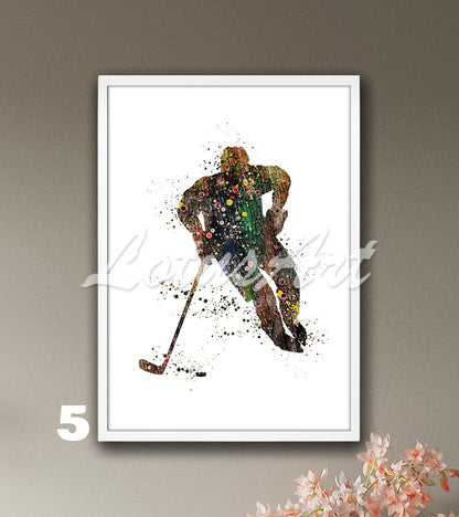 Ice hockey boy watercolor sports art print - kids room winter decor in brown tones