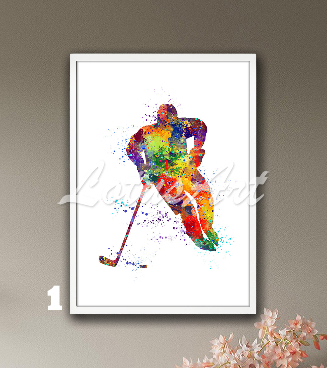 Ice hockey boy multicolor watercolor print - winter sports wall art for kids room