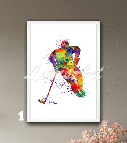 Ice hockey boy multicolor watercolor print - winter sports wall art for kids room