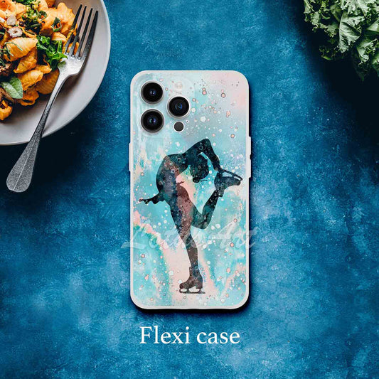Ice skating girl personalized winter sports phone case watercolor art with custom name, flexi case iPhone