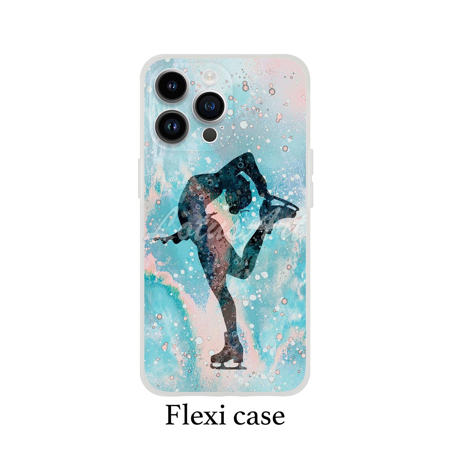 Ice skating girl personalized winter sports phone case watercolor art, custom name, flexi case front view