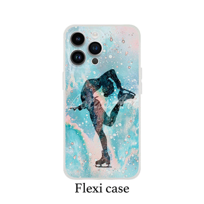 Ice skating girl personalized winter sports phone case watercolor art, custom name, flexi case front view