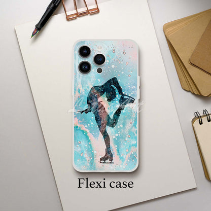 Ice skating girl personalized winter sports phone case watercolor art, custom name, flexi case lifestyle desk