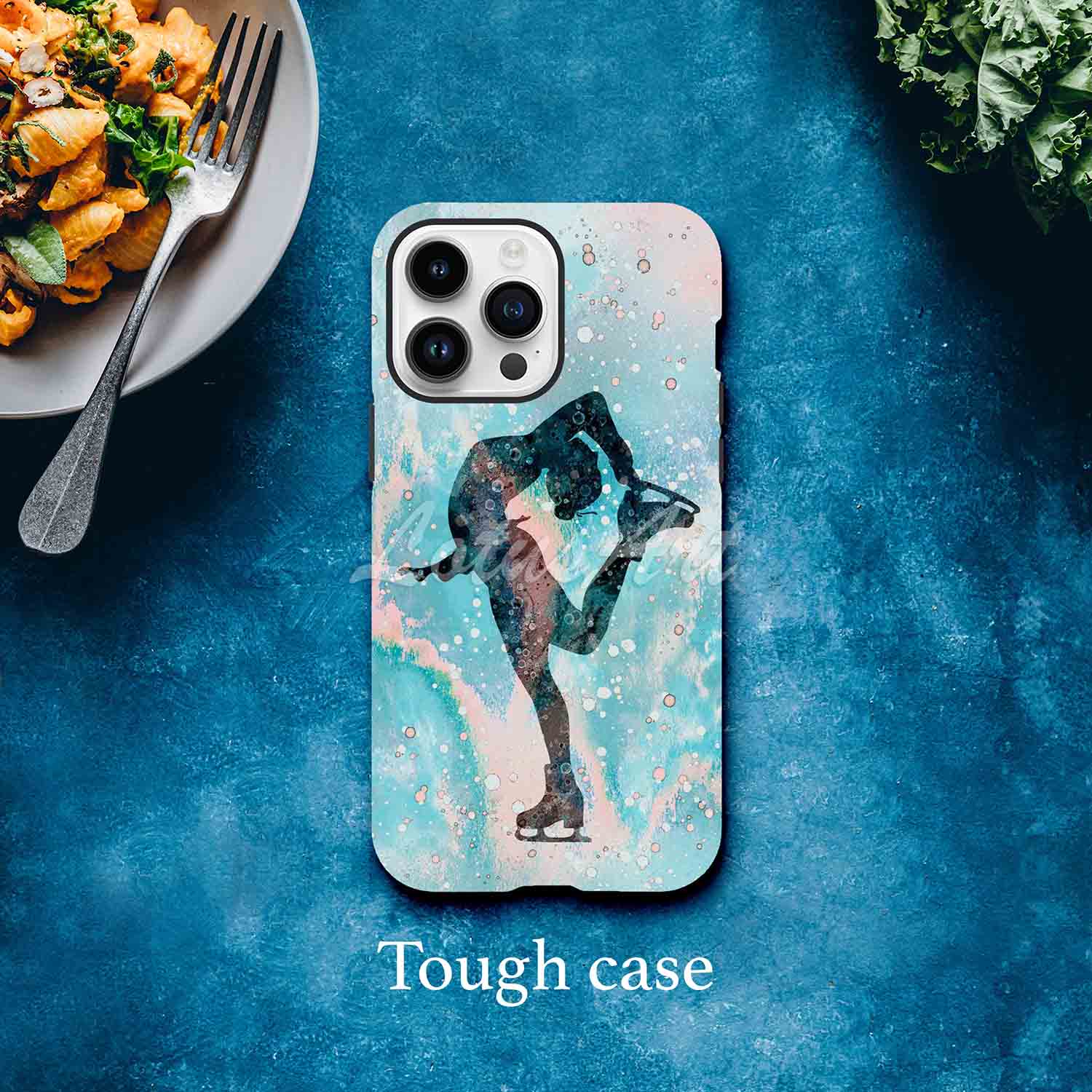 Ice skating girl personalized winter sports phone case watercolor art, custom name, tough case lifestyle blue bg