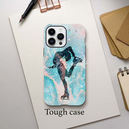 Ice skating girl personalized winter sports phone case watercolor art with custom name, tough case lifestyle desk