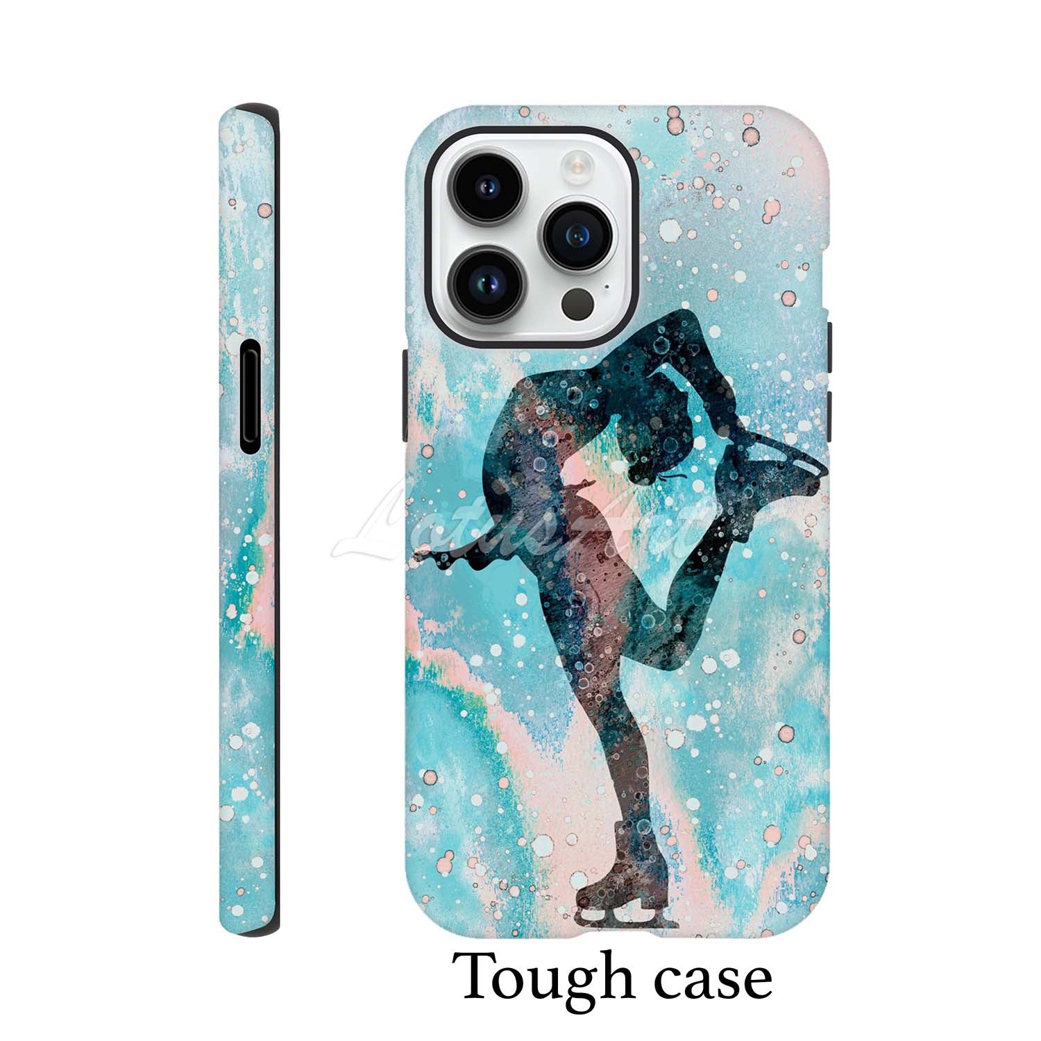 Ice skating girl personalized winter sports phone case watercolor art with custom name, tough case side view