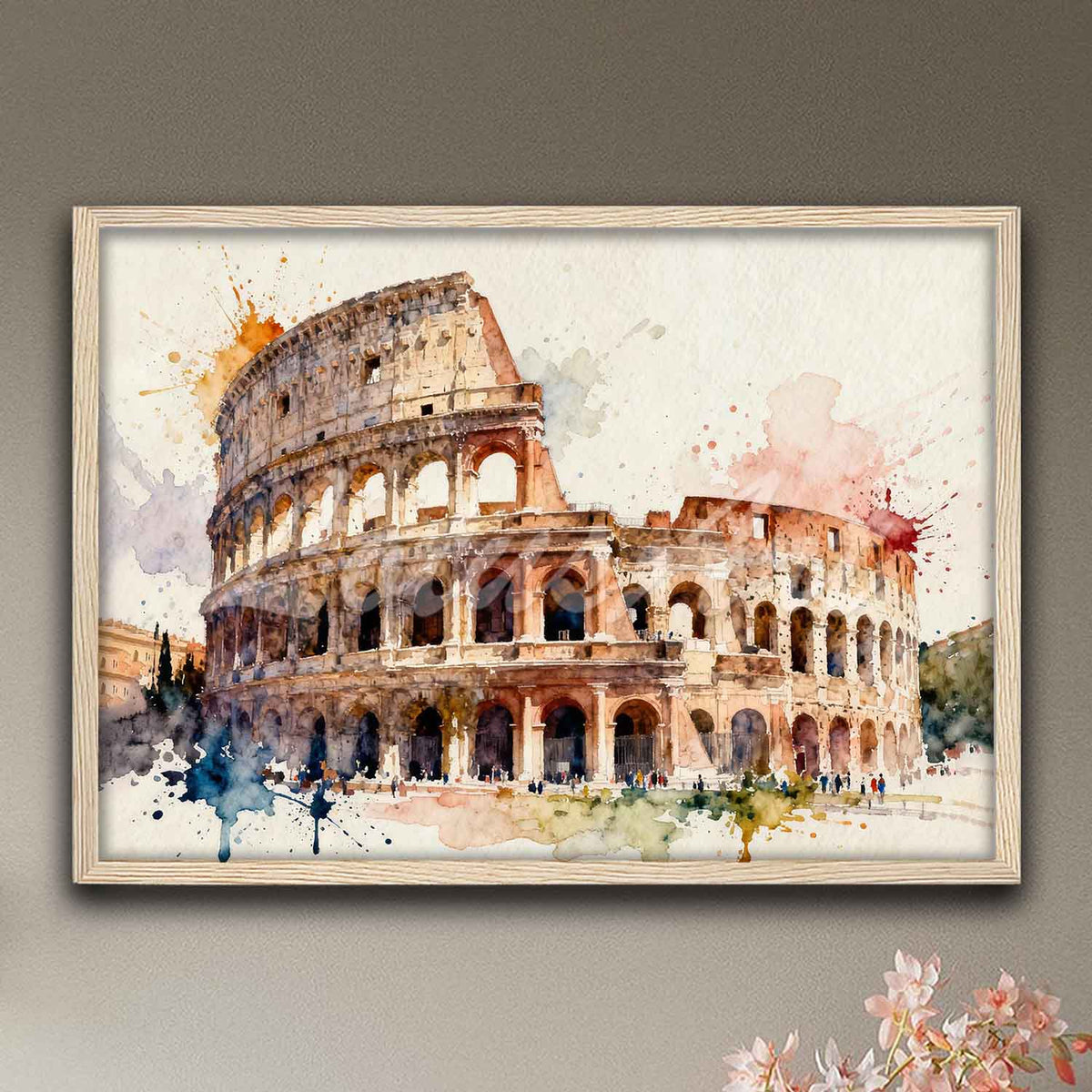 Italy ancient Rome watercolor painting in natural wood frame, Colosseum eternal city landmark art print & anniversary gift