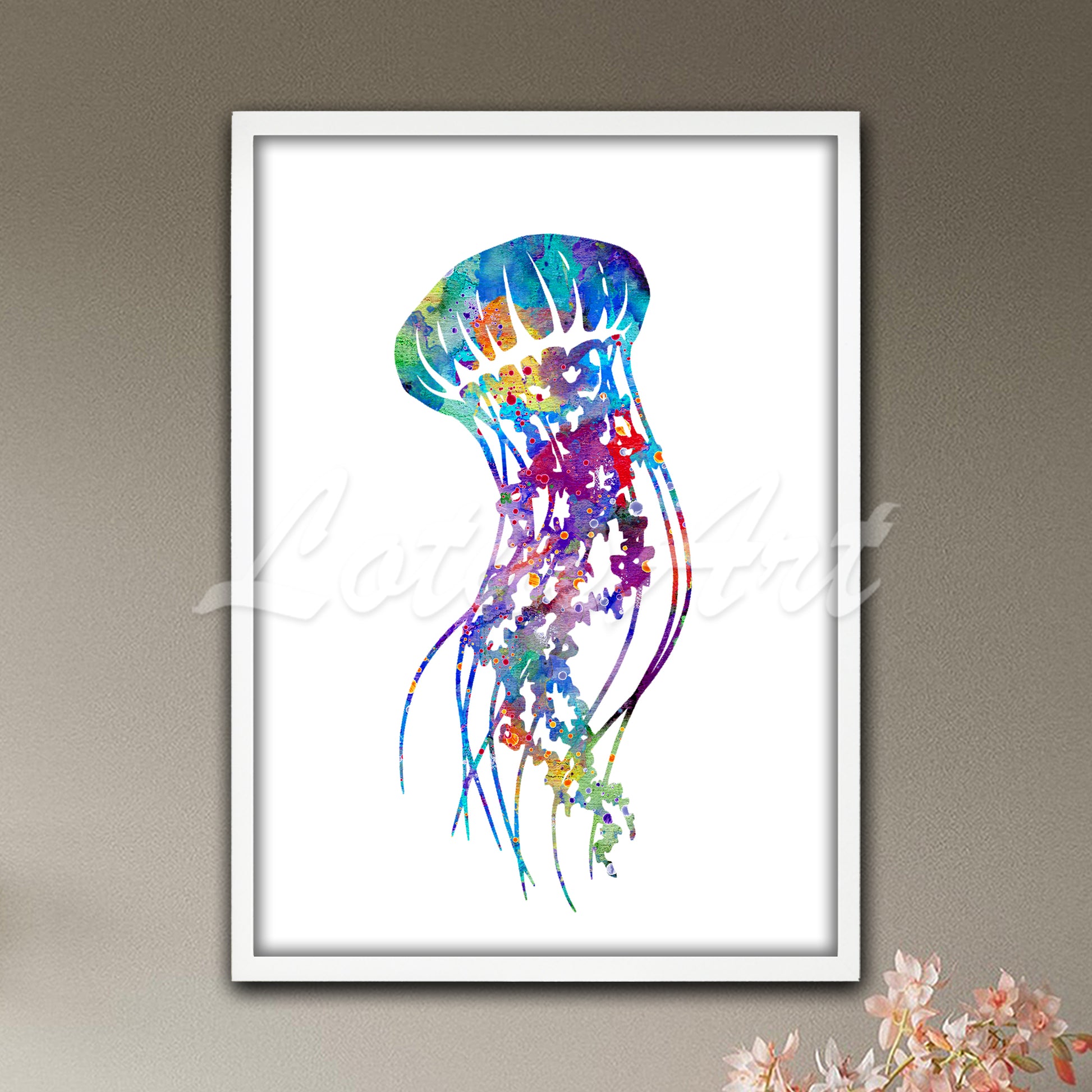 Jellyfish watercolor print with tentacles multicolor blue purple green tones - ocean nursery wall art