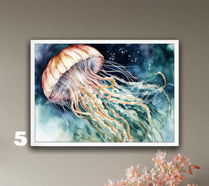 Jellyfish watercolor art print for nautical sea animals in soft pastel tones, nautical wall decor and gentle coastal gift