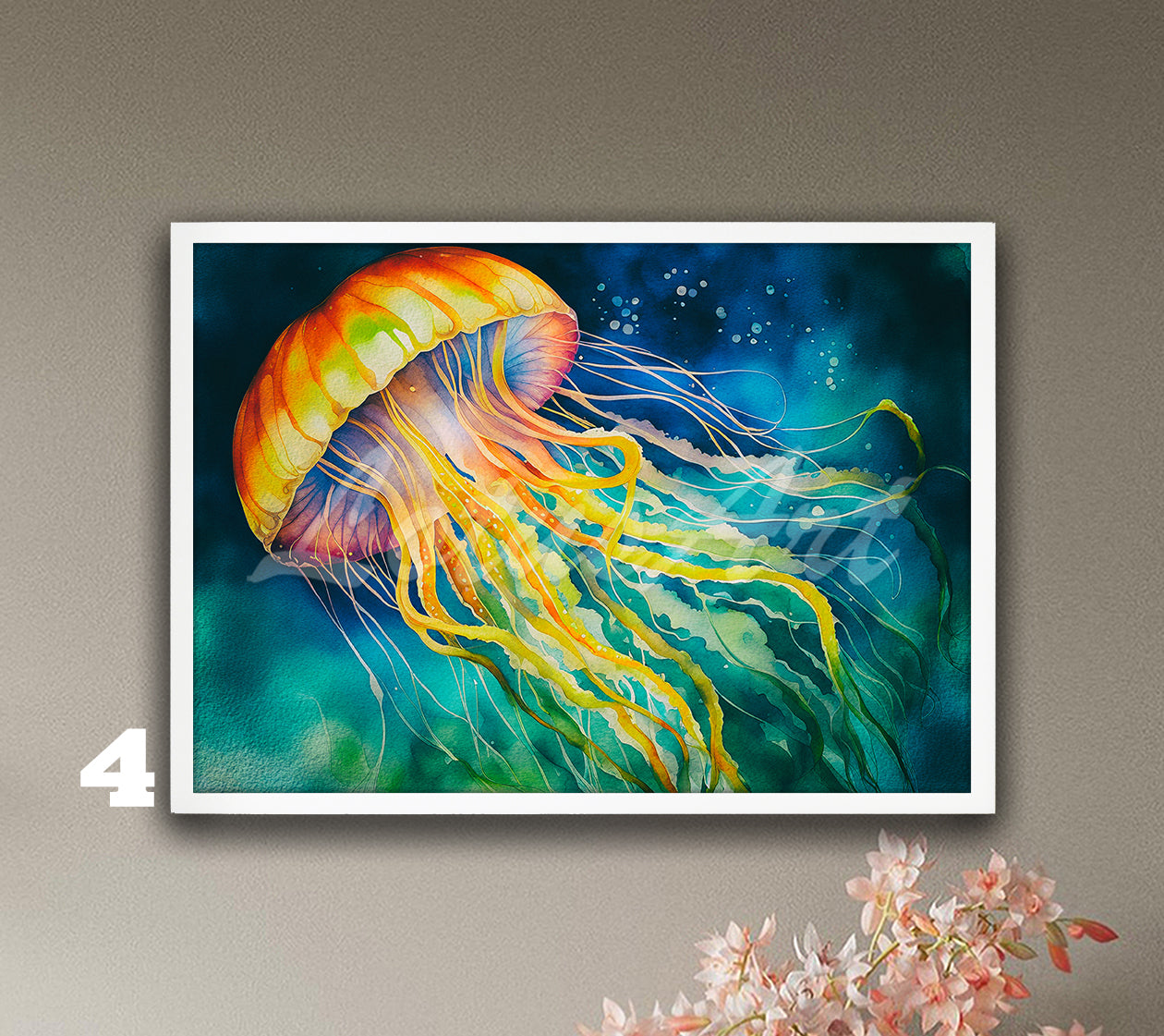 Jellyfish watercolor painting for nautical sea animals in bright multicolor tones, colorful ocean gift and coastal wall decor