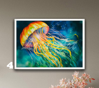 Jellyfish watercolor painting for nautical sea animals in bright multicolor tones, colorful ocean gift and coastal wall decor