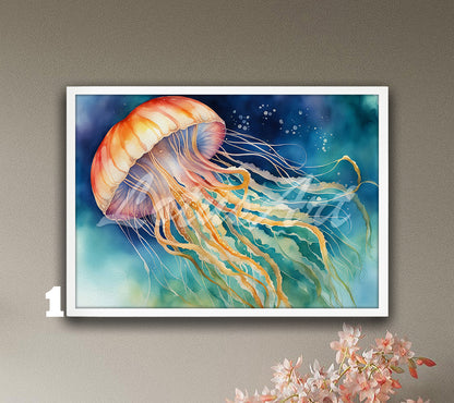 Jellyfish Watercolor Wall Art Print – Ocean Marine Life Poster, Coastal Nautical Decor, Beach House Wall Artwork