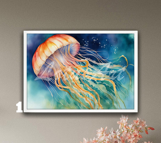 Jellyfish Watercolor Wall Art Print – Ocean Marine Life Poster, Coastal Nautical Decor, Beach House Wall Artwork