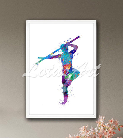 Karate boy with bo staff weapon colorful watercolor print - martial arts studio decor