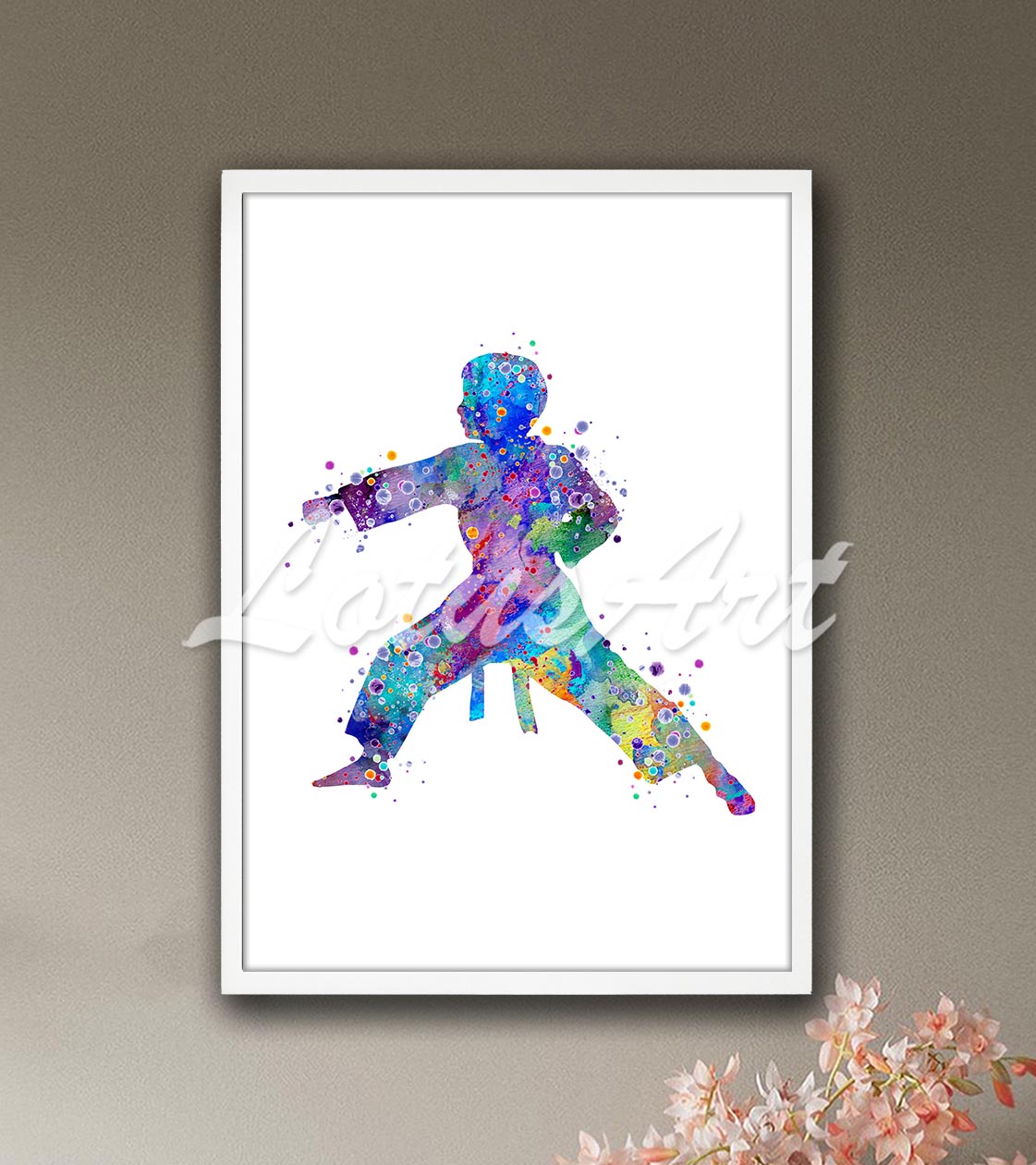 Karate boy fighting stance powerful pose multicolor watercolor print - training dojo artwork