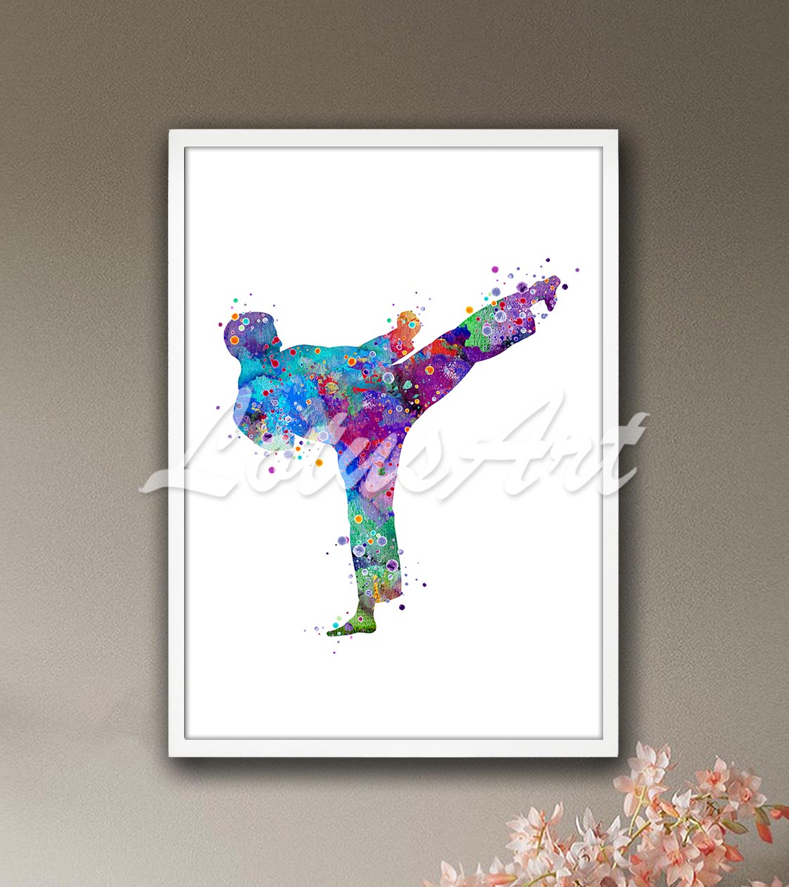 Karate boy side kick dynamic pose vibrant multicolor watercolor print - kids room sports wall art