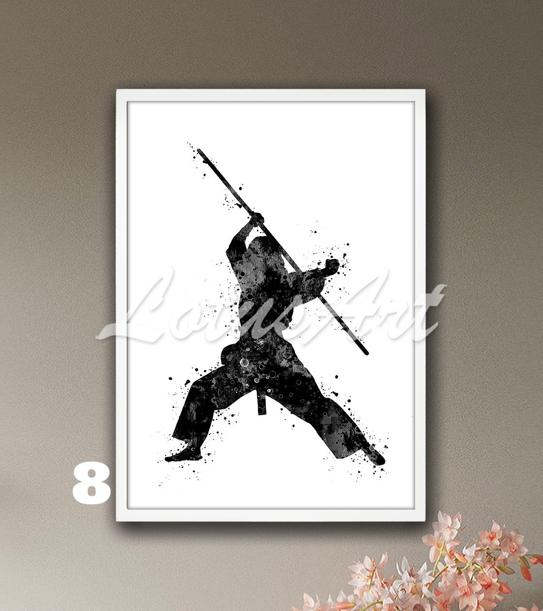 Karate girl bo staff watercolor sports wall decor in black-white tones - minimalist kids room art
