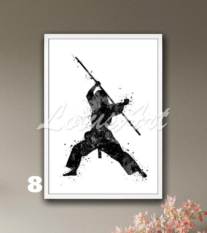 Karate girl bo staff watercolor sports wall decor in black-white tones - minimalist kids room art