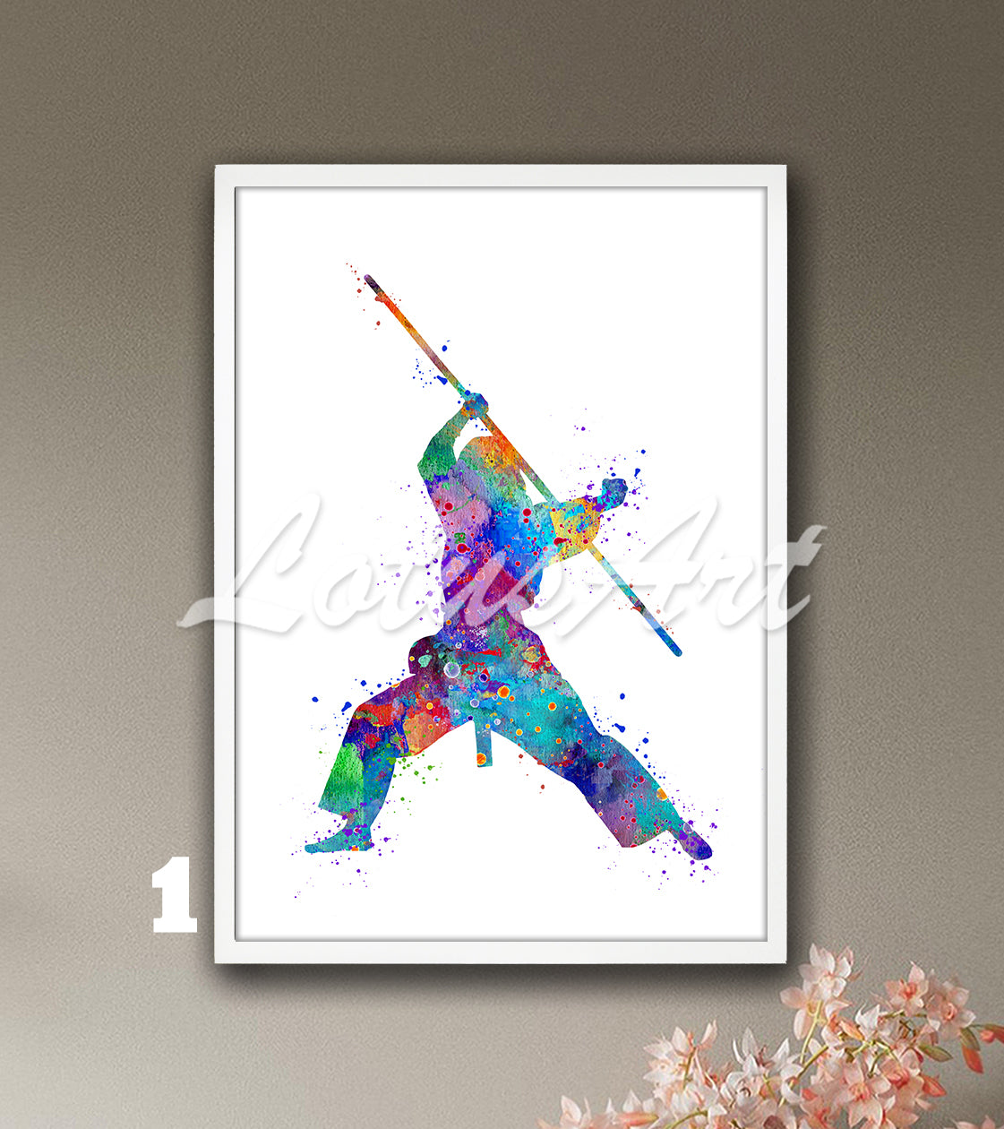 Karate girl bo staff watercolor sports art print in multicolor tones - kids room wall decor