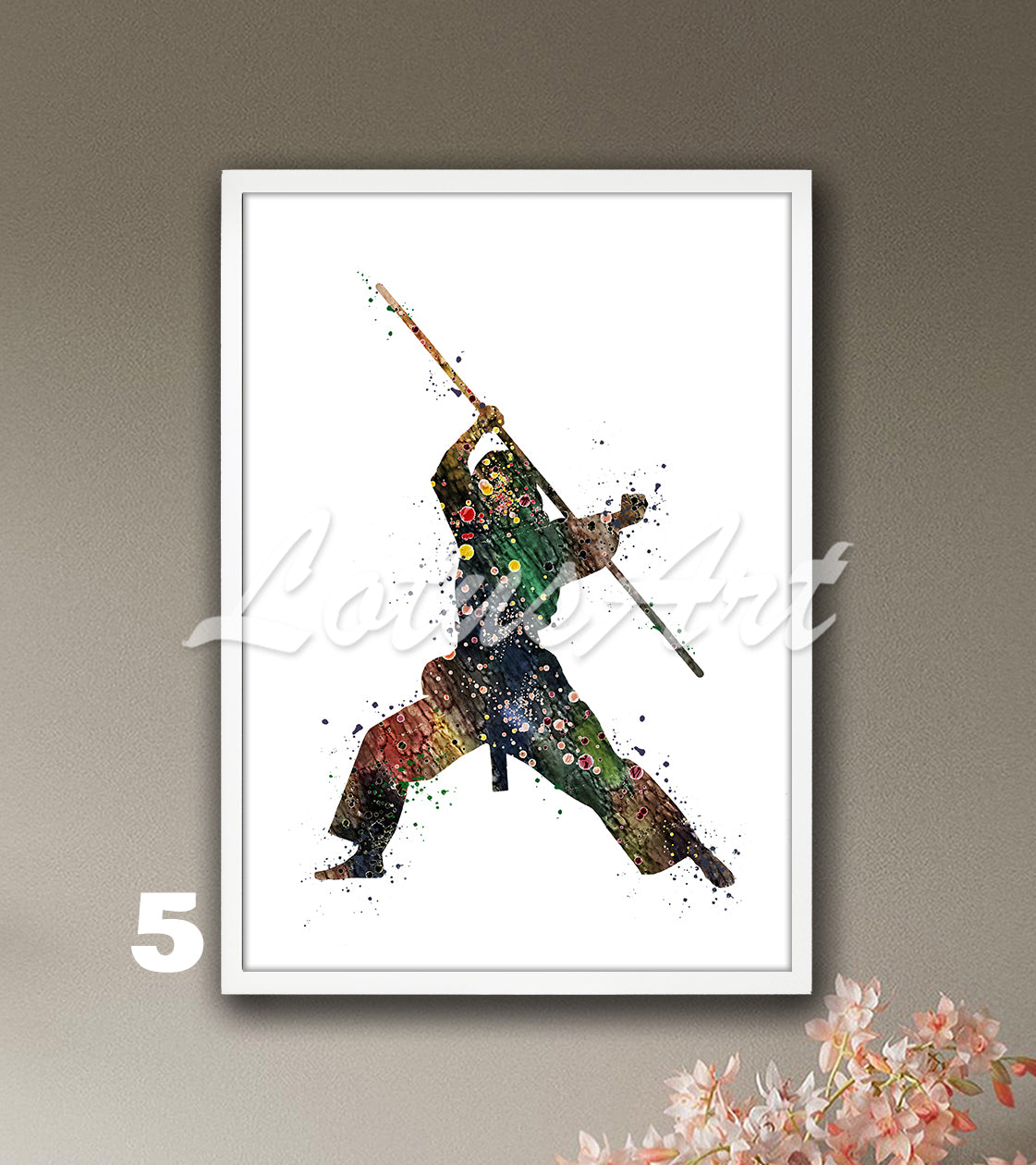 Karate girl bo staff watercolor sports wall art decor in brown colors - kids room poster