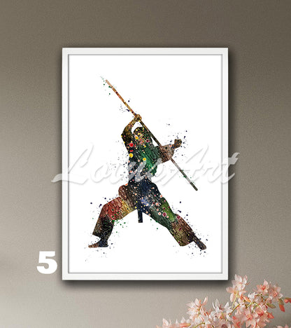 Karate girl bo staff watercolor sports wall art decor in brown colors - kids room poster