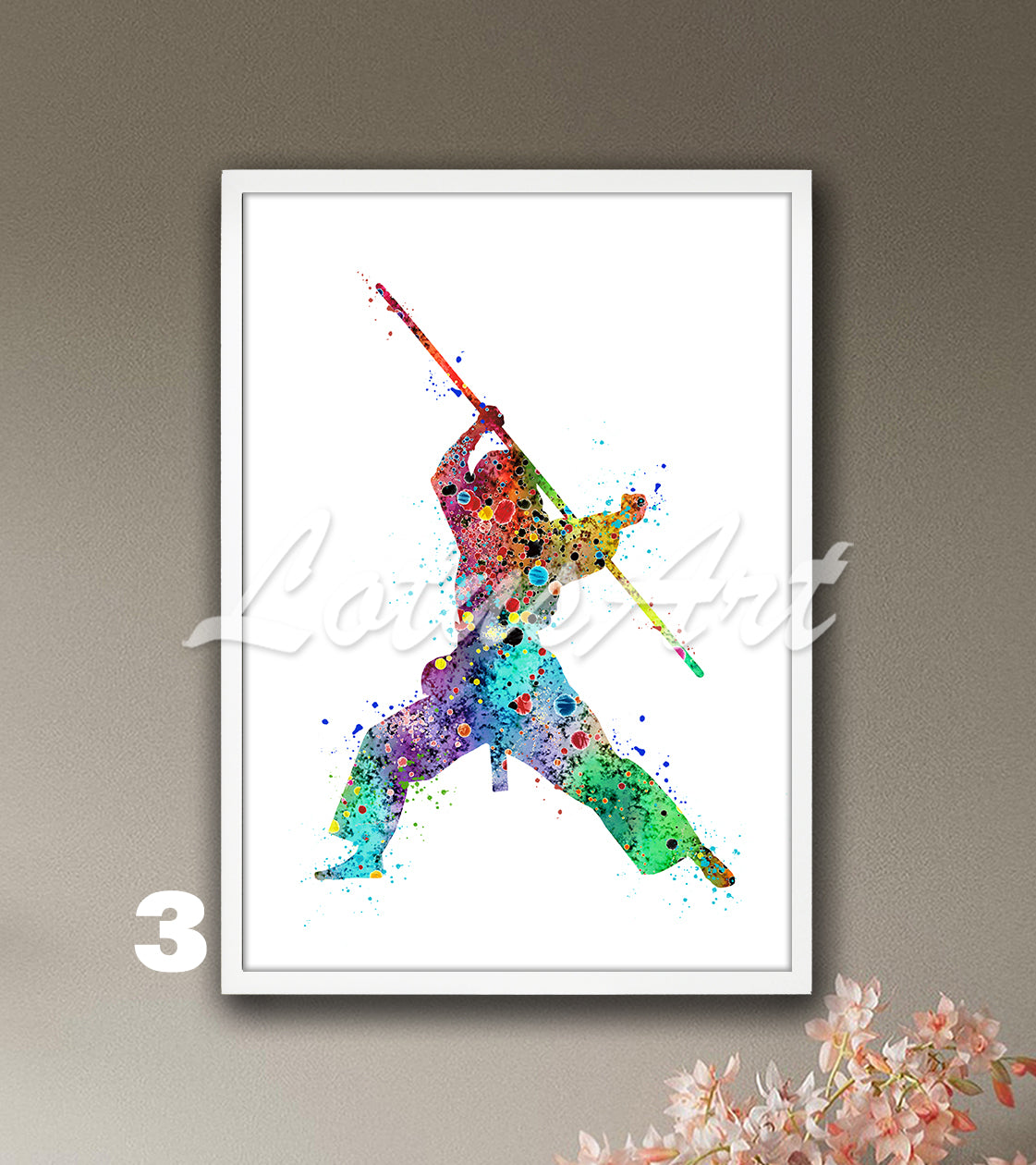 Karate girl bo staff watercolor sports wall art in bright tones - kids room martial arts decor