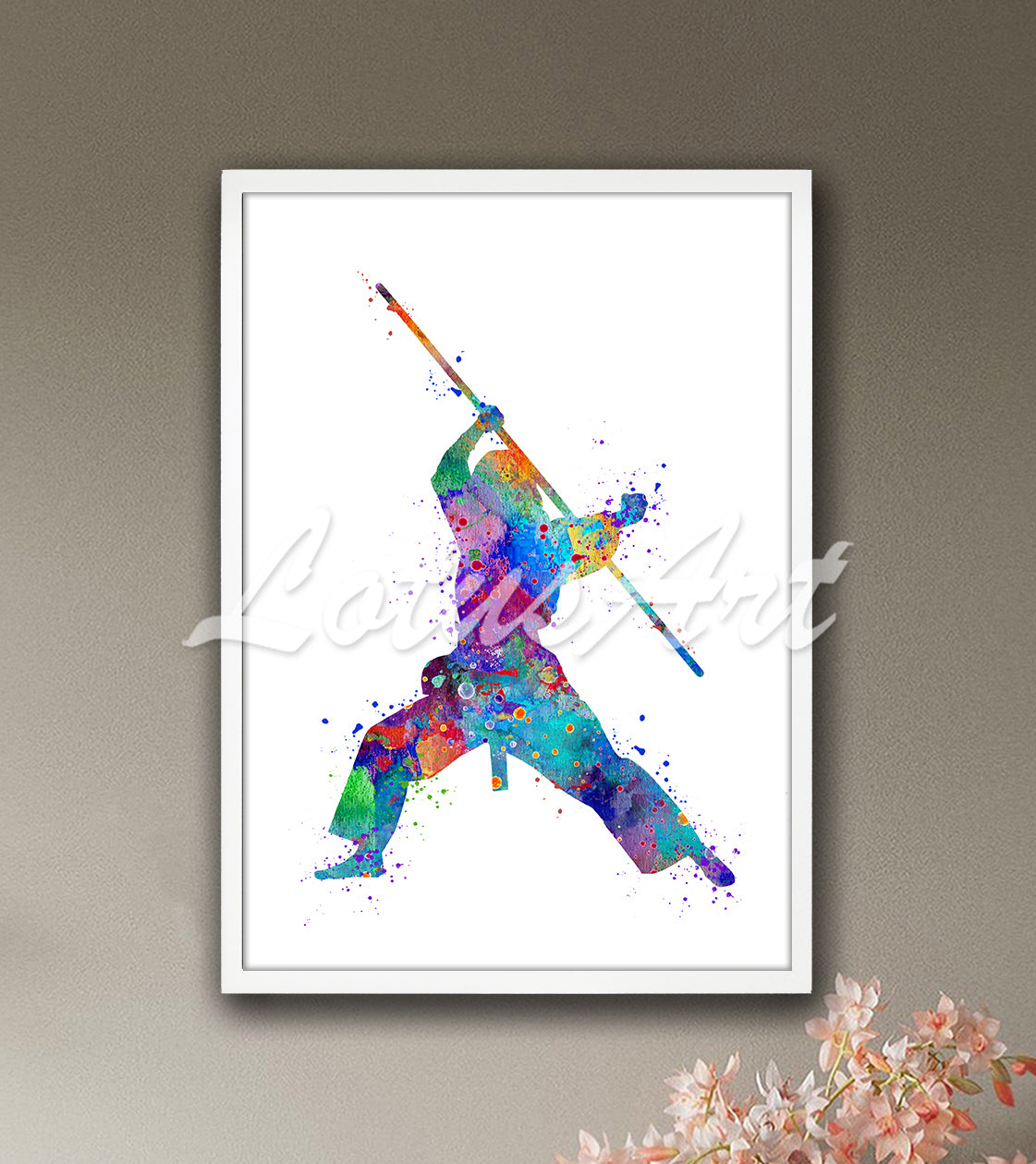 Karate girl with bo staff weapon colorful sports watercolor print - martial arts studio decor