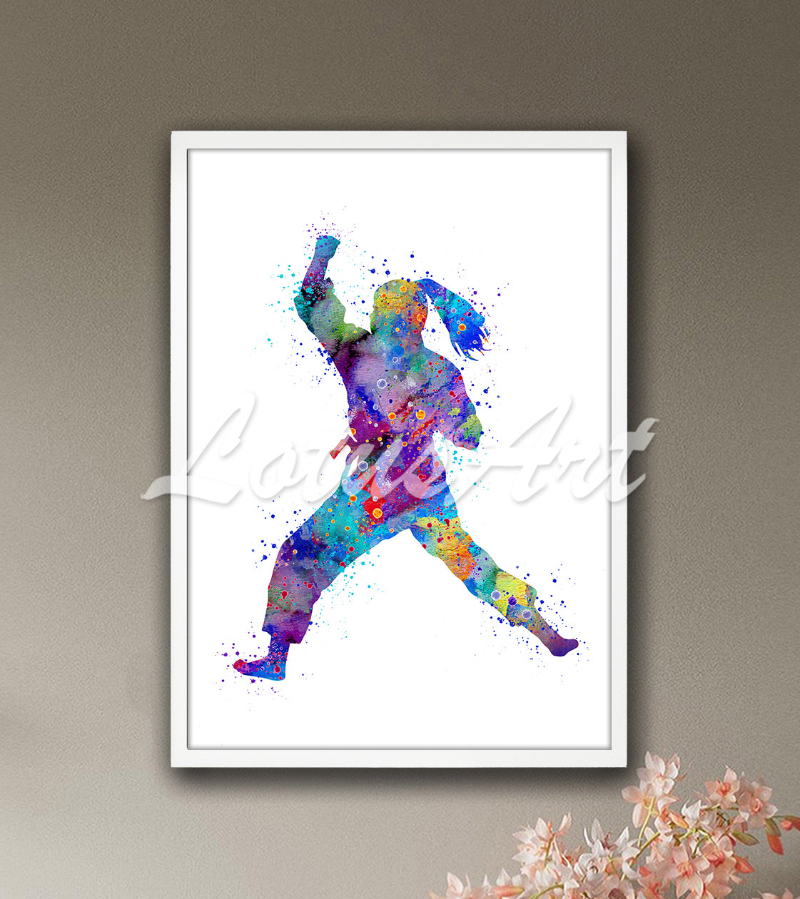 Karate girl punch action pose multicolor sports watercolor print - training dojo artwork
