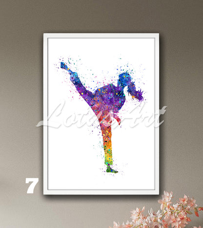 Karate girl watercolor martial arts sports wall art print in rainbow colors - kids room poster