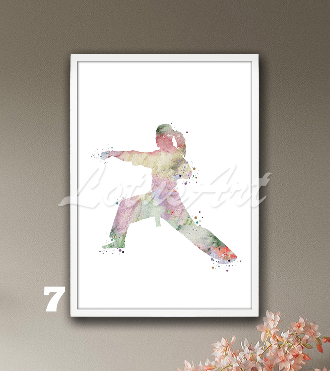 Sports art print depicting a girl karate player – watercolor painting in soft pastel colors.