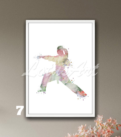 Sports art print depicting a girl karate player – watercolor painting in soft pastel colors.
