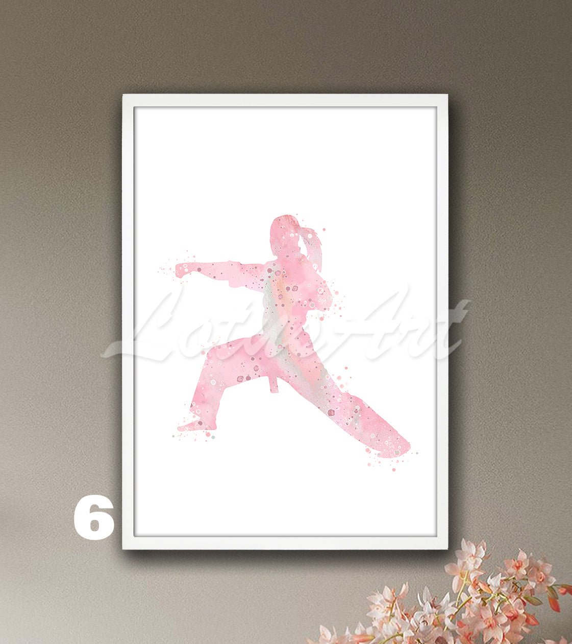Sports art print depicting a girl karate player – watercolor painting in light pink colors.