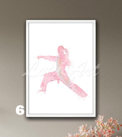 Sports art print depicting a girl karate player – watercolor painting in light pink colors.