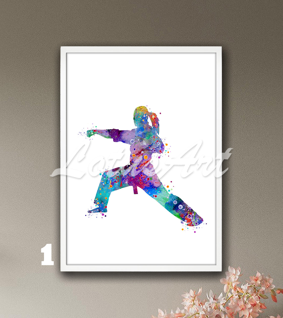 Sports art print depicting a girl karate player – watercolor painting in multicolor.