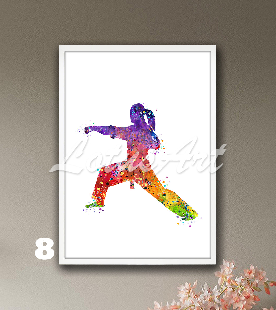 Sports art print depicting a girl karate player – watercolor painting in rainbow colors.