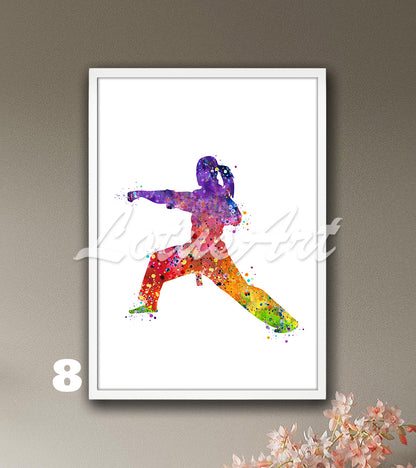 Sports art print depicting a girl karate player – watercolor painting in rainbow colors.