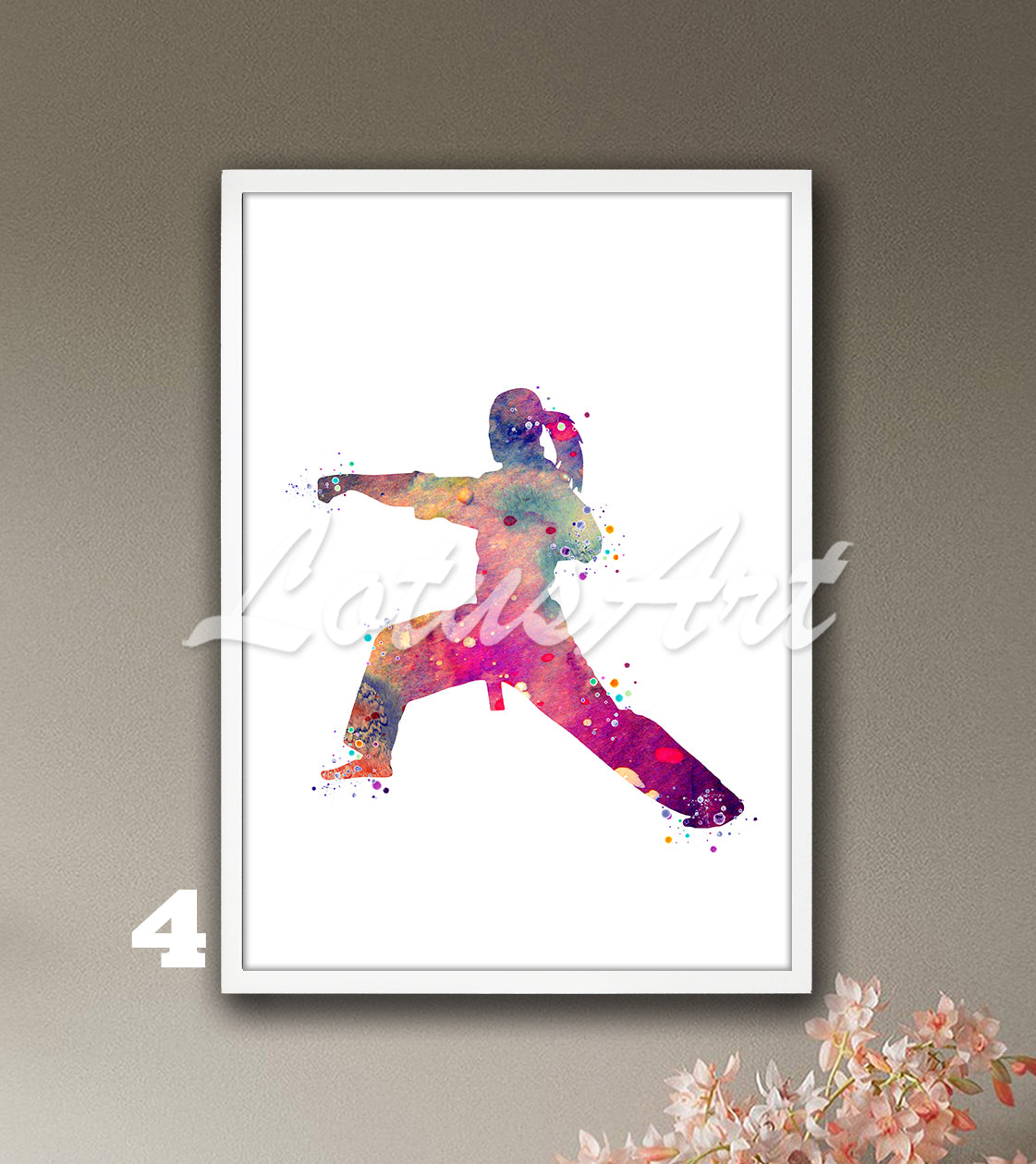 Sports art print depicting a girl karate player – colorful watercolor painting.