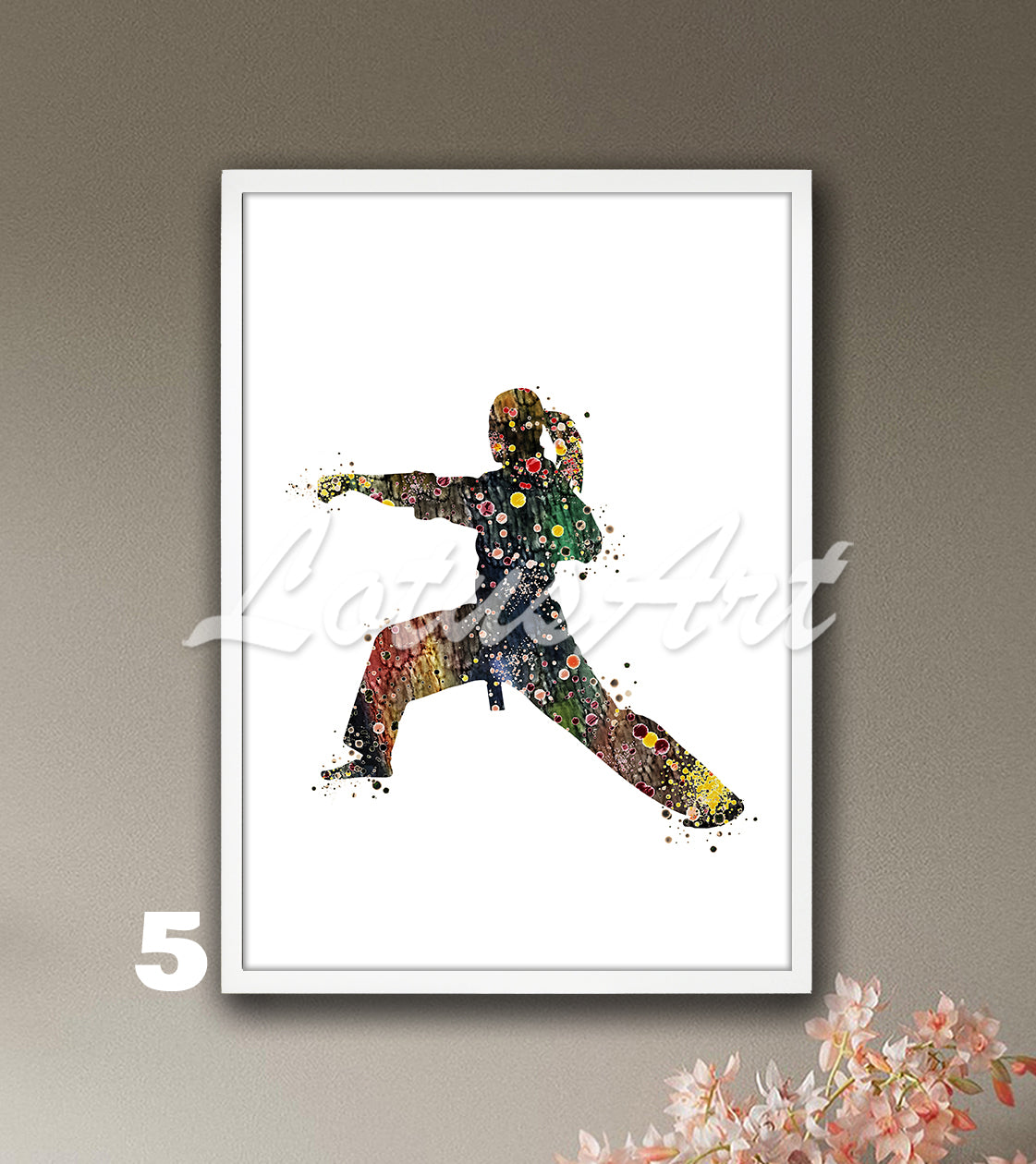 Sports art print depicting a girl karate player – watercolor painting with brown pastel colors.