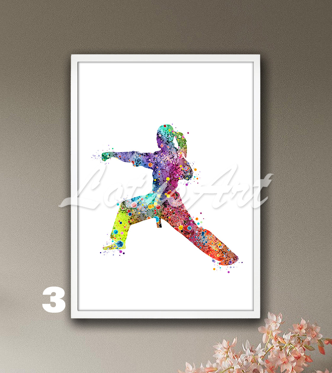 Sports art print depicting a girl karate player – watercolor painting with rainbow colors.