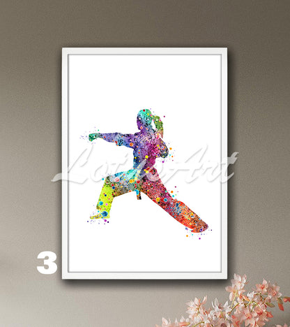 Sports art print depicting a girl karate player – watercolor painting with rainbow colors.