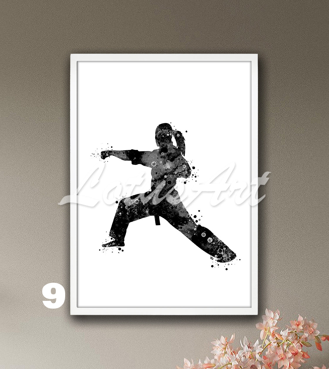 Sports art print depicting a girl karate player – watercolor painting in black-white colors. 