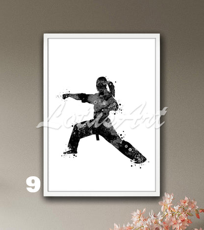 Sports art print depicting a girl karate player – watercolor painting in black-white colors. 