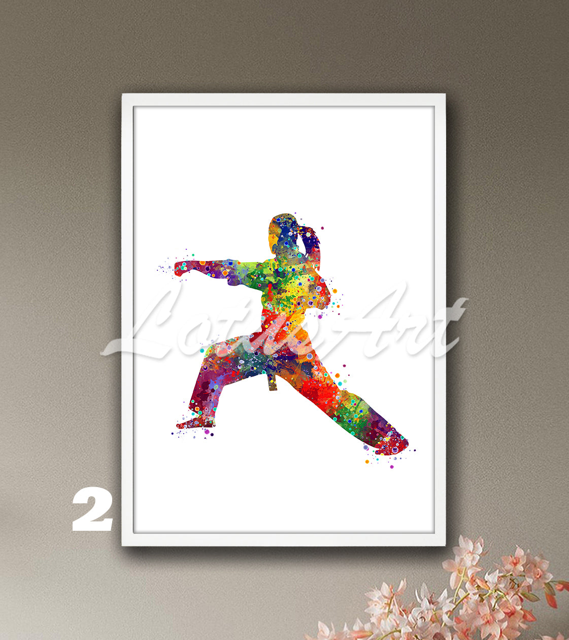 Sports art print depicting a girl karate player – watercolor painting in multi-color.