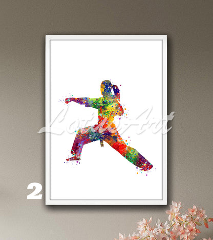 Sports art print depicting a girl karate player – watercolor painting in multi-color.