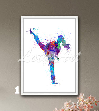 Karate girl watercolor martial arts sports art print in colorful tones - kids room wall decor
