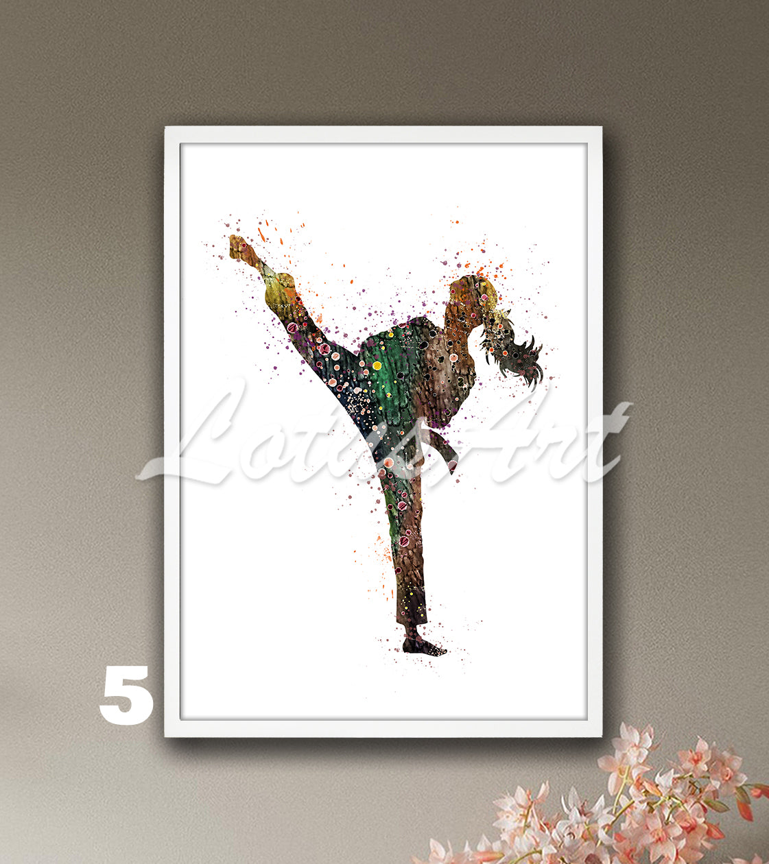 Karate girl watercolor martial arts sports art print in brown colors - kids room wall decor