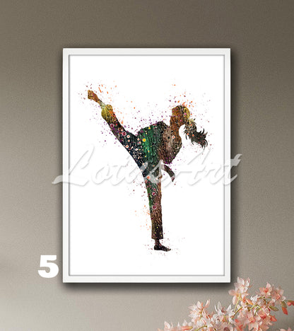 Karate girl watercolor martial arts sports art print in brown colors - kids room wall decor