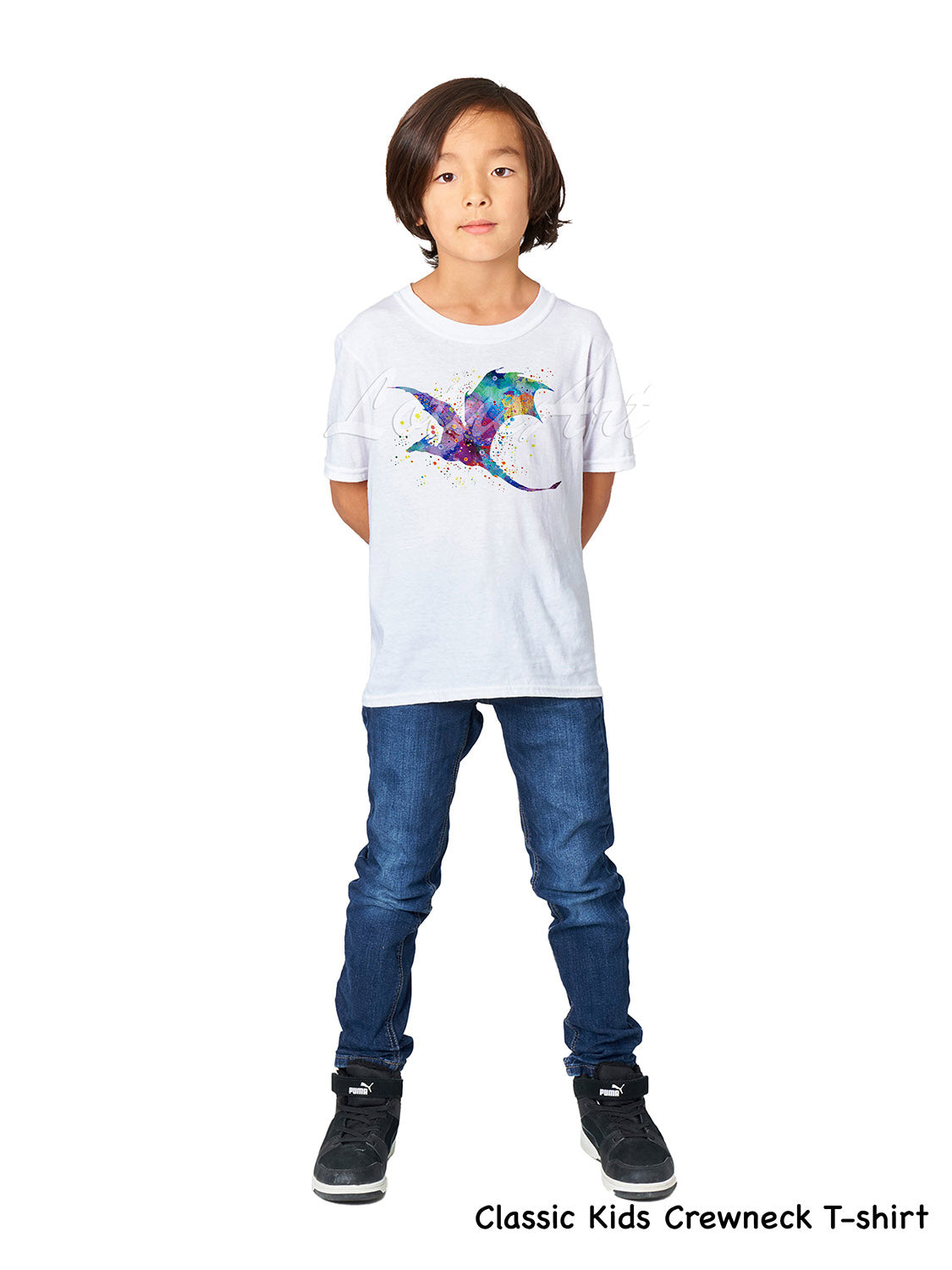 Kids dragon t-shirt cool watercolor fantasy art in greens blues purples, classic crewneck cotton tee for boys