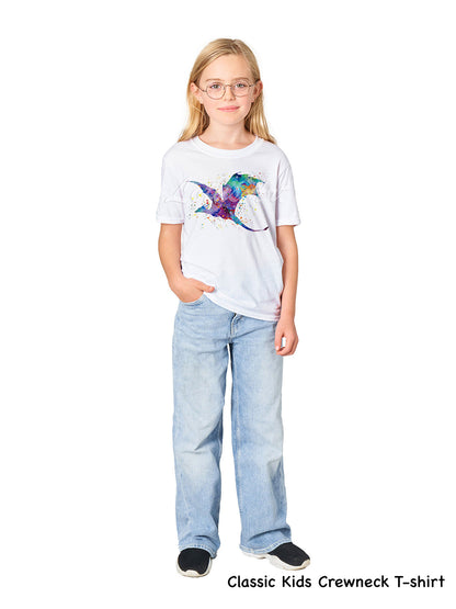 Kids dragon t-shirt cool watercolor fantasy art in greens blues purples, classic crewneck cotton tee for girls