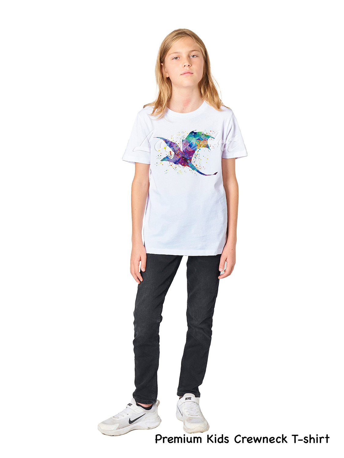 Kids dragon t-shirt cool watercolor fantasy art in greens blues purples, premium crewneck cotton tee